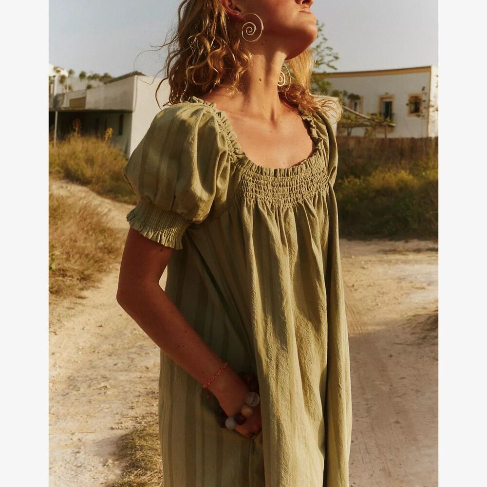 Free People Est Mila Mini Dress Smocked Puff Sleeve Stripe Shift Green XS 287861